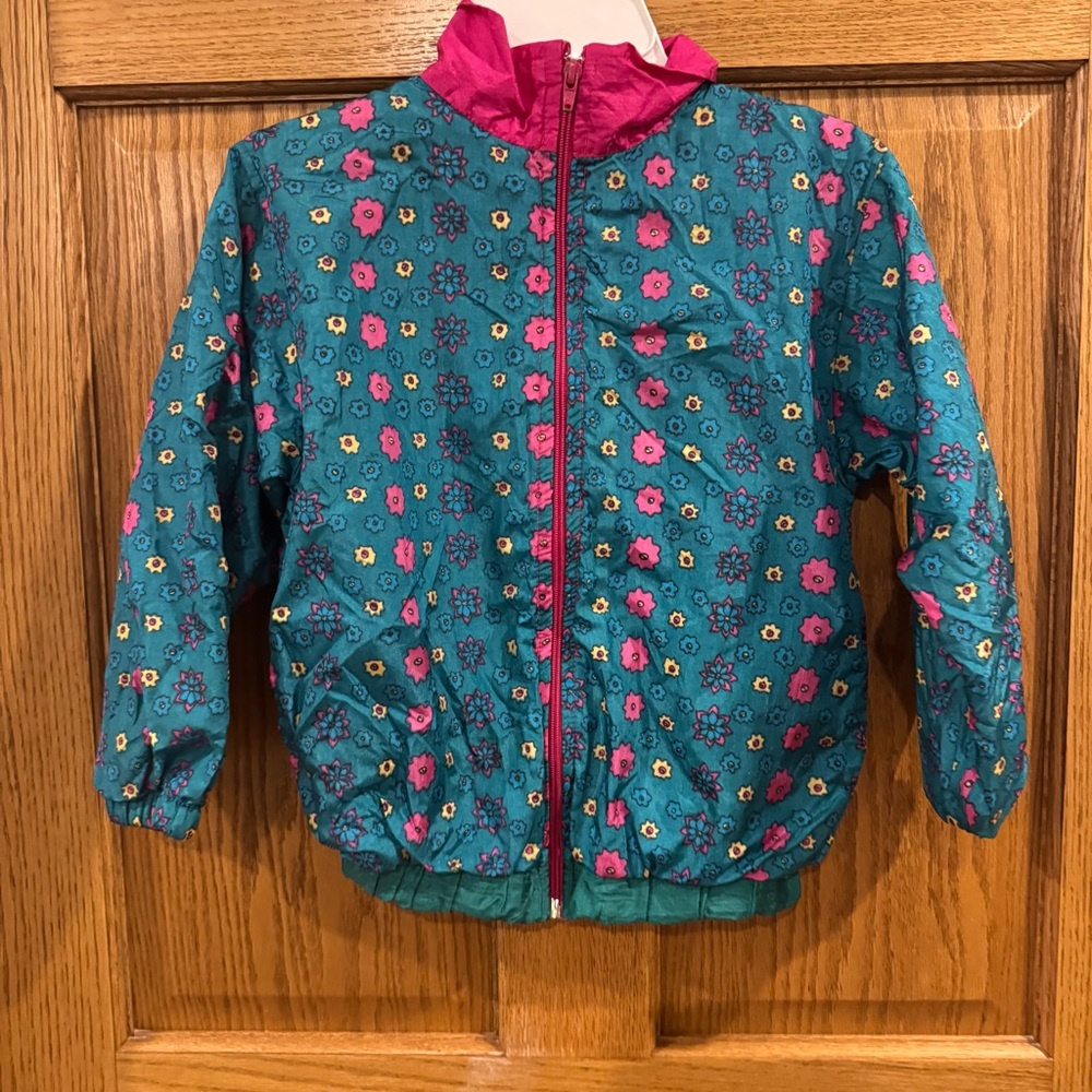 Vintage 90s Floral Windbreaker Jacket Girls 6X Teal Pink Nylon